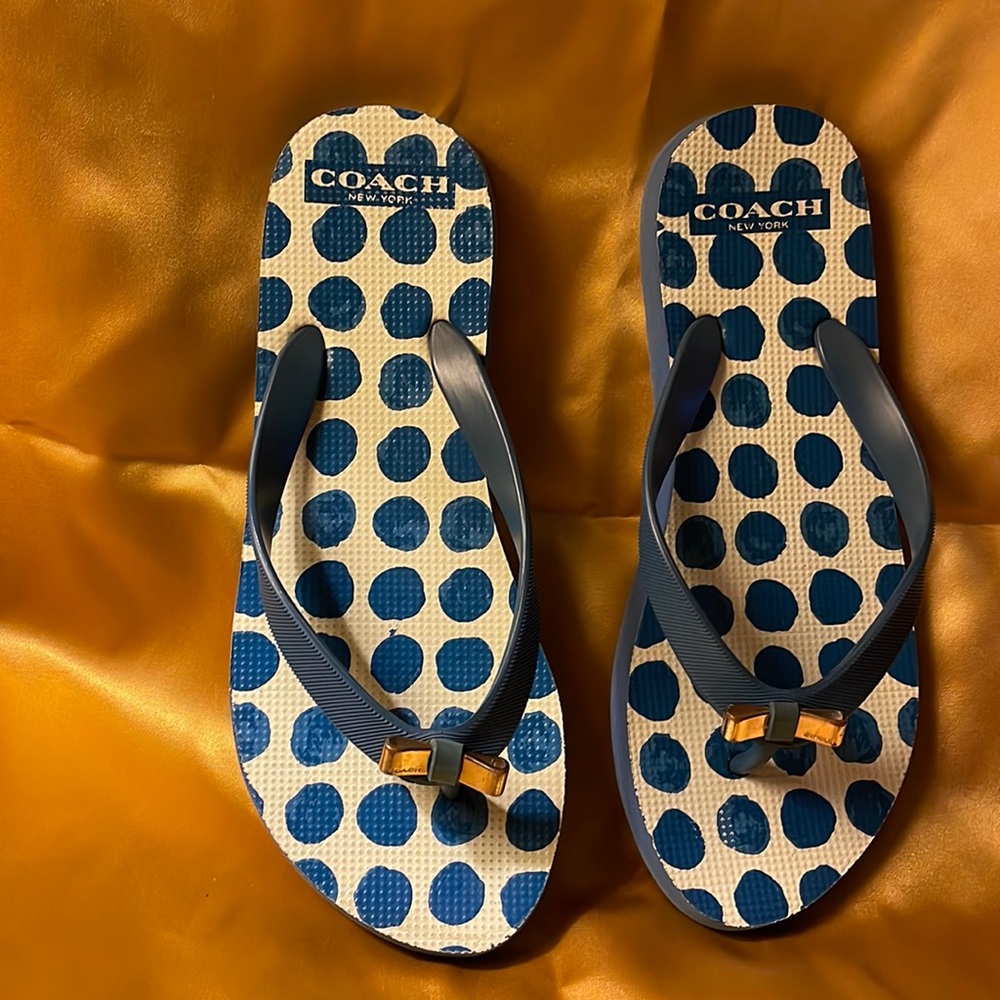 Coach flip flops blue with polka dots. They have gold colored bows sz 6